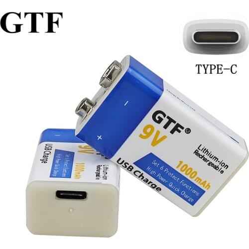 GTF 9V 1000mAh Type-C Li-ion Rechargeable Battery USB lithium battery for Microphone Toy Remote Control drop shipping