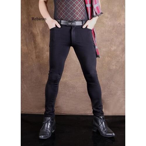 Men Sexy Slim Tight Pants Trousers Cotton Stretchy Casual Black Pocket Velvet Warm Thick Soft Comfort New