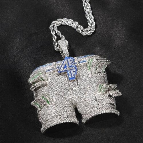 Rich Pants Pocket Pendant Necklace Cubic Zirconia Mens Charms 4PF Necklace Fashion Hip Hop Jewelry