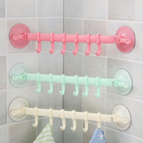 Wall-mounted Kitchen Hooks Suction Cup 6 Hooks Strong Adhesive Hook Bathroom Corner Nail-free Seamless Rack Hanger Hook Shelves