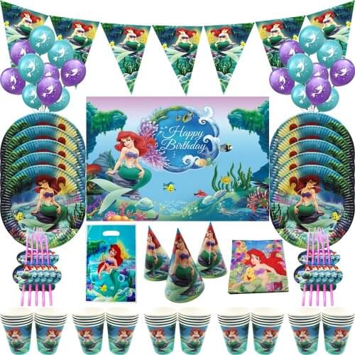 Disney Mermaid Princess Theme Girls Birthday Party Decorations Disposable Tableware Peper Cup Plate Baby Shower Gift Supplies