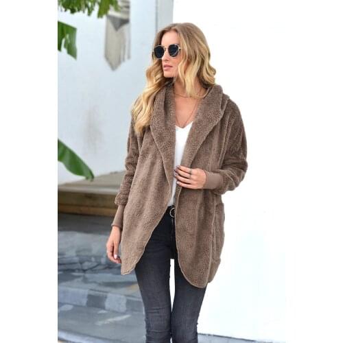 Womens Autumn Winter Plush Mid Length Lapel Hoodie Coat Womens Clothing Solid Color Casual Loose Cardgian Coat