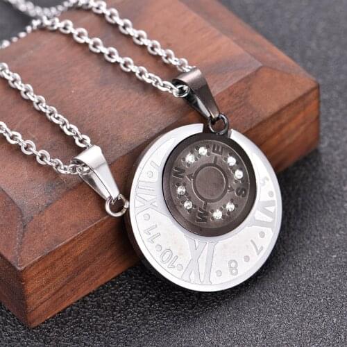 Stainless Steel Round Matching Necklace For Couples Roman Numerals with Compass Design Necklaces Valentines Gift A pair