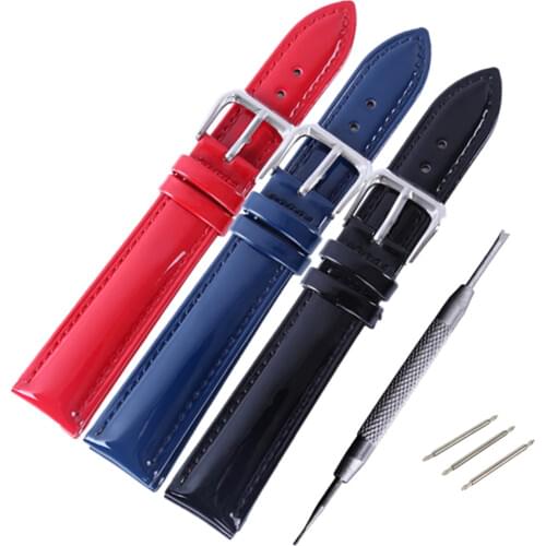 16 18 20mm Patent Genuine Leather Watch Strap Band Stainless Steel Buckle White Black Red Watch Accessories Bracelets Watchband