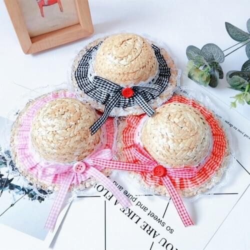 Pink Lace Plaid Straw Cap for Puppies Knitted Cherry Dog Cat Sun Hat Elegant Travel Pets Helmet Kitten Accessories for Spring