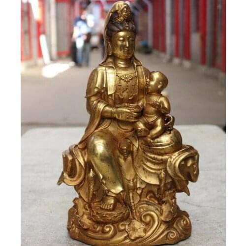 Old Tibet Buddhism Copper Bronze Send Boy Guan Yin Kwan-yin Boddhisattva Statue