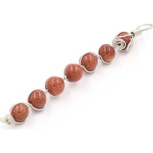 YJXP Silver Plated Wire Wrap Golden Sand Stone Round Beads Straight Line Pendant For Gift Jewelry