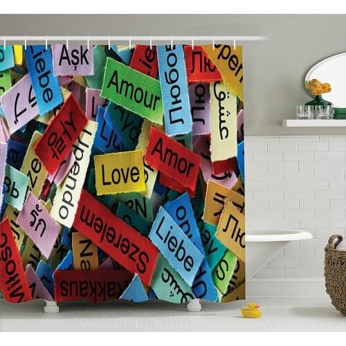 Love Shower Curtain Valentines Word Cloud Collection in Different Languages French Japanese Common Artsy Work Bathroom Curtains