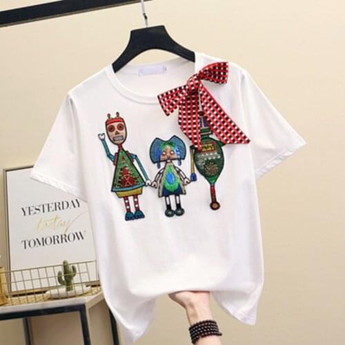 Women Luxurious Embroidery Sequins Cartoon T Shirt Lady O-Neck Short Sleeve Bow Tee Shirt Cotton Casual Tshirt Summer Female Top
