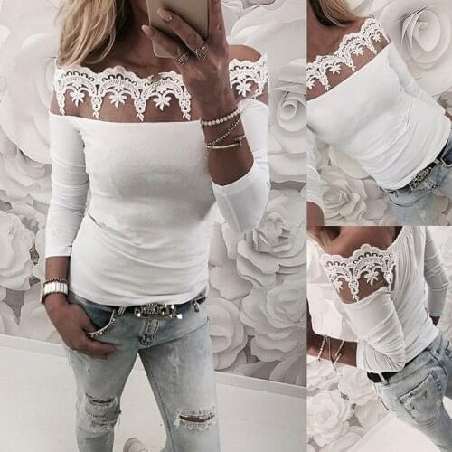 2019 Spring Autumn Women New Hollow Out Flower Lace Blouse Sexy Slash Neck off Shoulder Ladies Shirts Elegant Party Female Tops