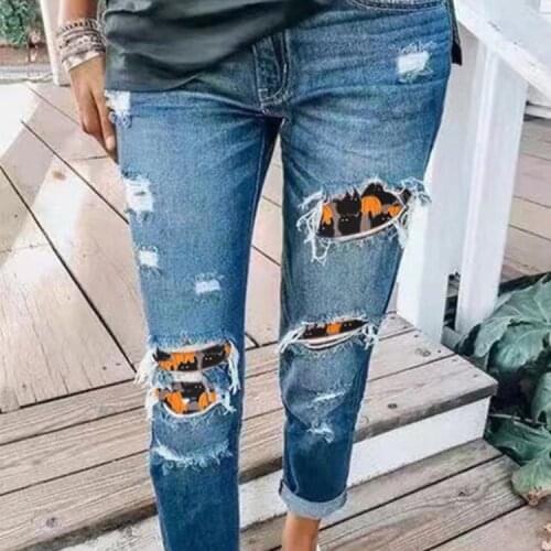 Ladies Jeans Ripped Holes Halloween Contrast Jeans Trousers Women Trousers