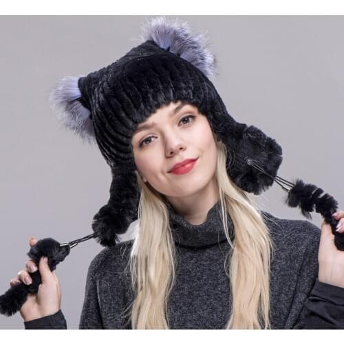 2020 FXFURS new Women Warm Fur Hats with Ear Protect Genuine Rex Rabbit Fur Bomber Hats Silver Fox Fur Top for Russian Winter