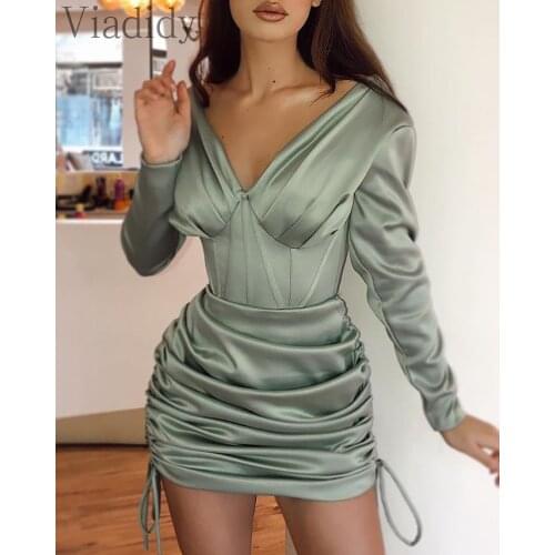 Women Deep V Neck Long Sleeve Ruched Drawstring High Waist Satin Party Dress