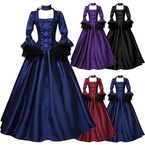 Women Palace Court Princess Dress Elegant Ball Gown Square Collar Lace Halloween Cosplay Costume Renaissance Medieval Dresses