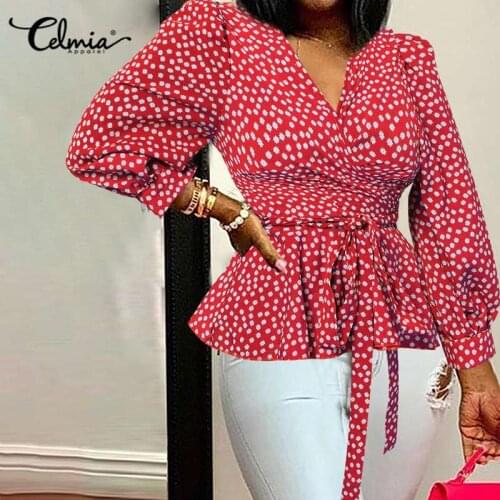 Celmia 2021 Womens Deep V Neck Blouses Fashion Belted Floral Printed Tops Sexy Elegant Office Lady Shirt Blusas Femme Oversized