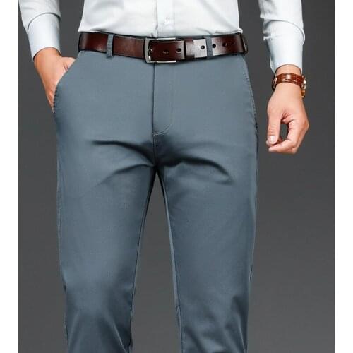 2021 Autumn Winter Brand Modal Cotton Stretch High Waist Straight Trousers Classic Pocket Business Casual Mens Gray Pants