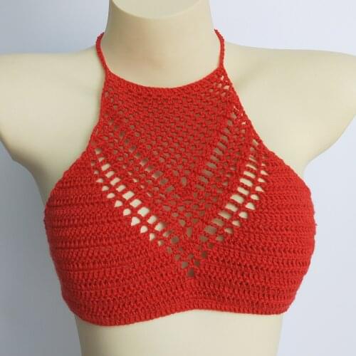 Have Lining Bikini Tops Women Sexy White High Neck Hollow Halter Swimwear Purple Crochet Separate Swimsuit Bikini Bra