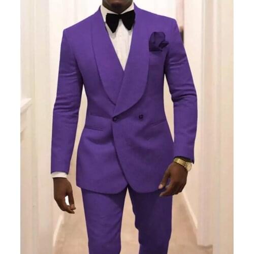 JELTONEWIN 2020 Double Breasted Men Suits Purple Prom Dinner Tuxedos For Mens Wedding Groom Jacquard Lapel Party 2 Piece Suits