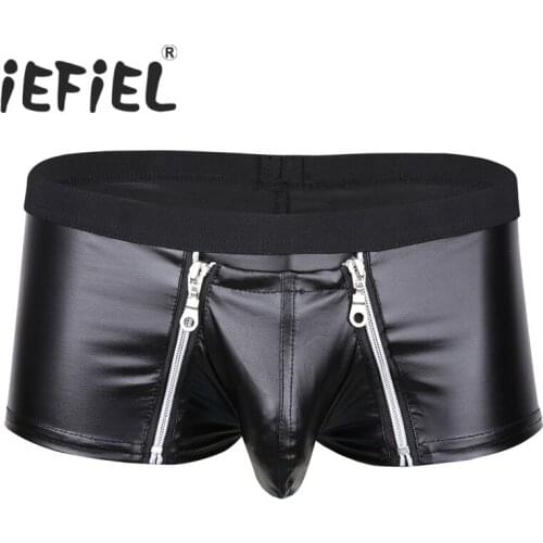 New Arrival Black Sexy Gay Men Lingerie Faux Leather Zipper Pouch Boxer Underwear Underpants Panties Shorts for Lingerie Night
