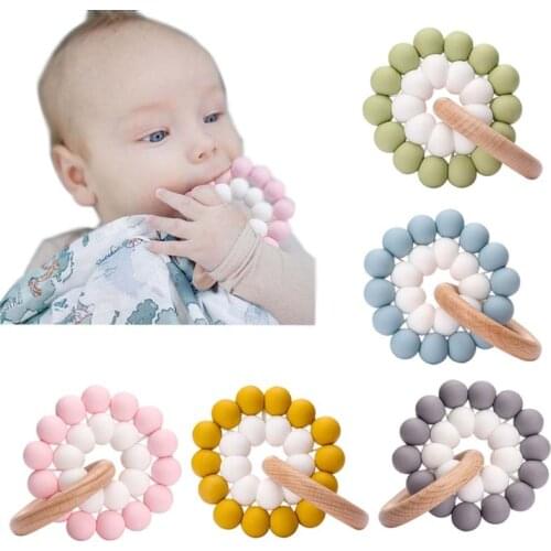 2021 New Baby Teether Bracelet Ring Infant Food Grade Silicone Teether Teething Wood Rattles Toys Shower Gift BPA Free