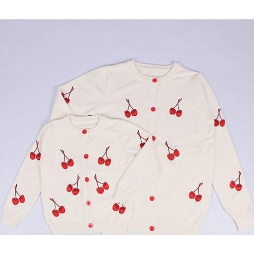 Family Matching Outfits Mother Daughter Cardigan Sweaters Cherry Embroidery Long Sleeve Womens Sweaters Mom Kids Knit Shirts