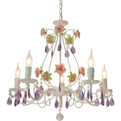 Pastoral Lamp field Chandelier Princess Light Bedroom Lamp Pink Garden Ceramic Lighting country Wrought Iron Candle Light Rose