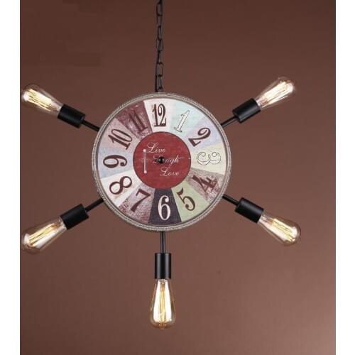 Retro industry Clock pendant lights attic art restaurant cafe home lamp creative personality wooden 5 heads pendant lampS GY205