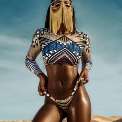 Sexy Totem Print Bathing Suit Long Sleeve Bikini Set Low Waist Swimwear African Style Two Piece Swimsuit Swimming Costume Bather