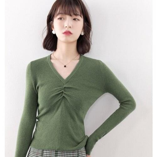 Spring Slim Vneck Women Knitwears 100% Autralian Wool Knitted Sweaters 6Colors Long sleeve Ladies Fashion Pullovers Clothes