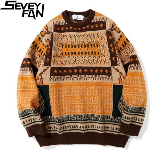 SEVEYFAN Mens Vintage Patchwork Jacquard Sweaters Streetwear Loose Cotton O Neck Kintwear Hip Hop Pullover Sweater for Couples