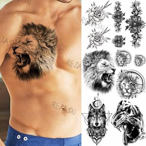 Black Lion Bohemian Temporary Tattoos For Men Women Realistic Wolf Mandala Compass Flower Arrow Fake Tattoo Sticker Chest Tatoos