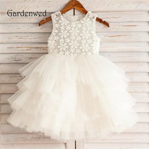 Ruffle Skirt Tiered Layers Tulle Flower Lace Bodice Tank Zipper Up First Birthday Flower Girl Princess Communion Dresses White
