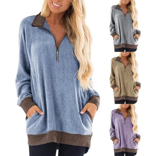 Womens 2021 Europe and America Fall/Winter Zipper Stand Collar Pocket Long Sleeve Contrasting Color Sweater T-Shirt