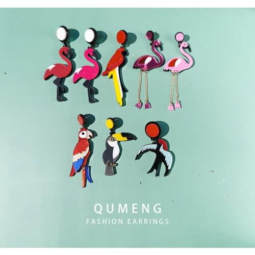 QUMENG Korean 2020 Fashion Flamingo Acrylic Earrings for Women Color Bird parrot Animal Earring Trendy Jewelry