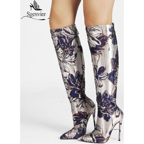 Sgesvier 2021 Women Knee High Boots Sexy Thin High Heel Pointed Toe Ladies Calf Boots Microfiber Fashion Embroider Womens Boots