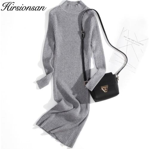 Hirsionsan Elegant Long Dress Sweater Women Winter High Collar Tight Sexy Chic Christmas Straight Rib Basic Female Knit Jumper