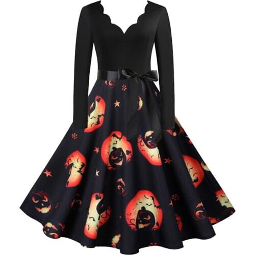 Halloween Dress Women Bat Pumpkin Print Vintage Autumn Long Sleeve V-neck Sexy Big Swing Party Midi Dress Plus Size S~3XL
