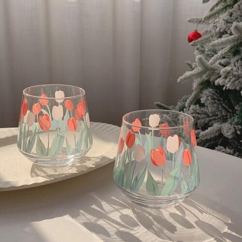 390ML Japan and South Korea Ins Hand-painted Tulip Flower Glass Cup Household Heat-resistant Drinking Cup Big Belly Mousse Cup