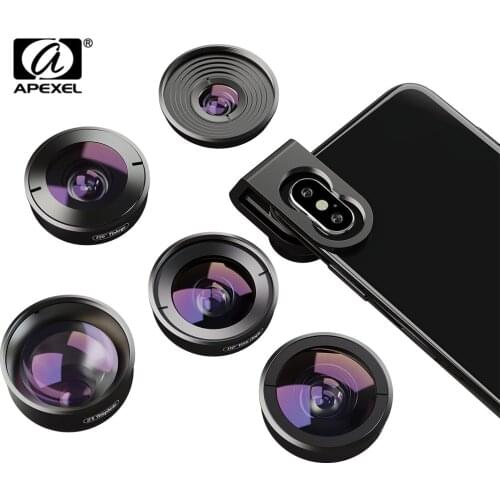 APEXEL 30 Pcs/lot one box 5in1 Mobile Phone Lens Kit HD Fisheye Super Wide Angle Macro Telescope Lens for Samsung iPhone xiaomi