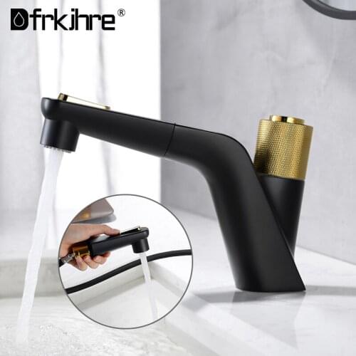 Black Basin Sink Faucet Single Handle Pull Out Two Modes Spout Hot Cold Water Tap Deck Mounted Gold Brass Bathroom Mixer Tap