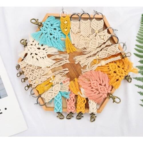 Hot selling hand woven key chain color cotton thread wooden bead hanging set key chain bag hanging