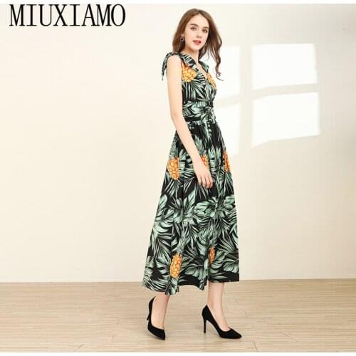 MIUXIMAO High Quality 2020 Runway Designer Spring Dress Pineapple Print Elegant Casual beach dress Long Dress Women vestidos