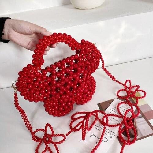 Fashion Acrylic Bead Flower Bag Ladies Hand-woven Handbag Beaded Crossbody Bags Pearl Women Shoulder Bags Hollow Out Purses 2021