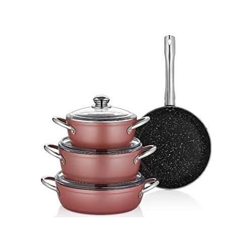 Beste 7 Piece Granite Cookware Set-Rose Gold/ 2 Pieces 20cm Deep Pots, 2 Pieces 24cm Deep Pots, 2 Pieces 26cm Flat Cookware 1 Pi
