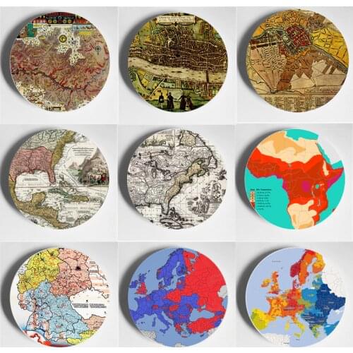 European Style Wall Plate Map Drawing Art Plate High-Quality Decorative Plate Wall Display Handcrafts Home & Garden Decorcation