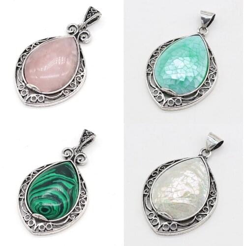 Natural Stone Rose Pink Quartz Pendant Drop Shape Cabochon Beads Shell Charms for Women Making Jewelry DIY Necklace Size 35x45mm