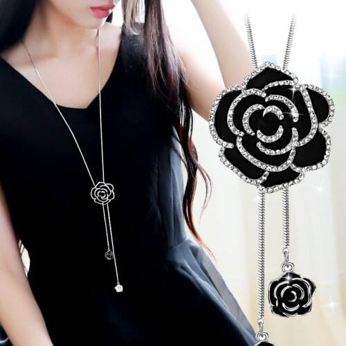 Personality Simple Women Zircon Black Rose Flower Long Necklace Fashion Luxury Zircon Sweater Chain Lady Nightclub Party Jewelry