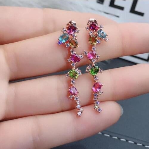 Fashion long geometry natural Multicolor tourmaline drop earrings Natural gemstone earrings 925 silver female party jewelry