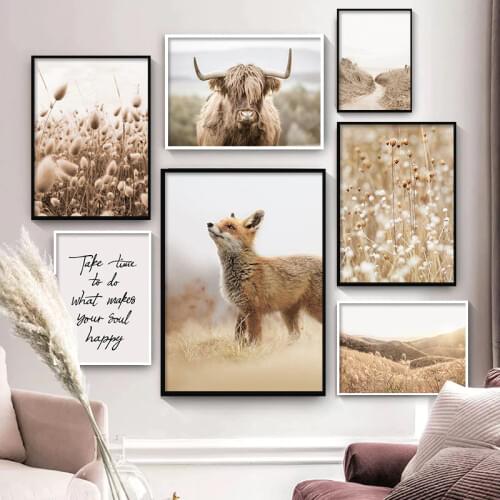 Modern Nature Sunset Landscape Poster Nordic Cow Wolf Pups Print Wall Art Canvas Printing Reed Decorative Picture Home Decor