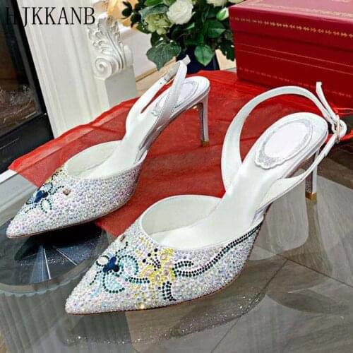 Real Leather Crystal Wedding Shoes Women Thin Heel Pointed Toe Pumps Party Dress Luxury Rhinestone Sandals Slingback Stilettos